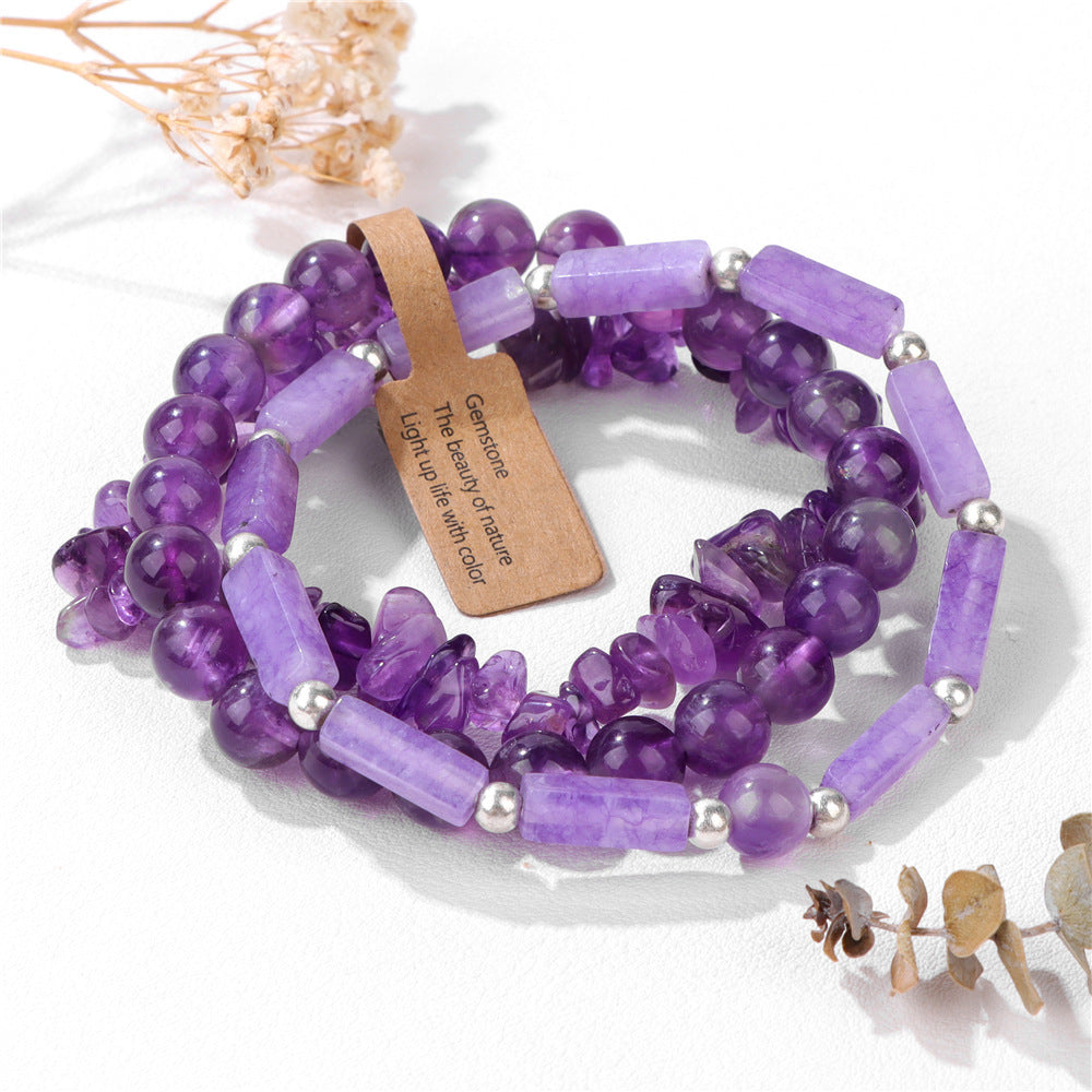 Natural Stone Beads Men's Amethyst Rectangular Label Three-piece Bracelet