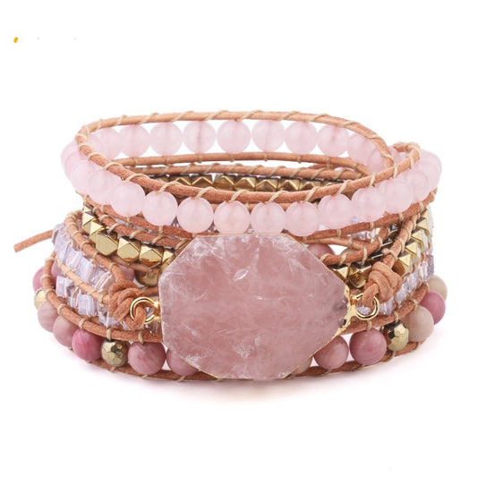 Natural Quartz Stone, Leather and Metal Wrap Bracelet