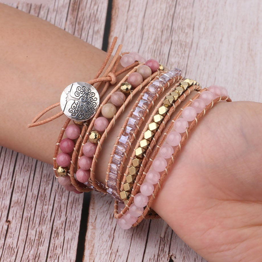 Natural Quartz Stone, Leather and Metal Wrap Bracelet