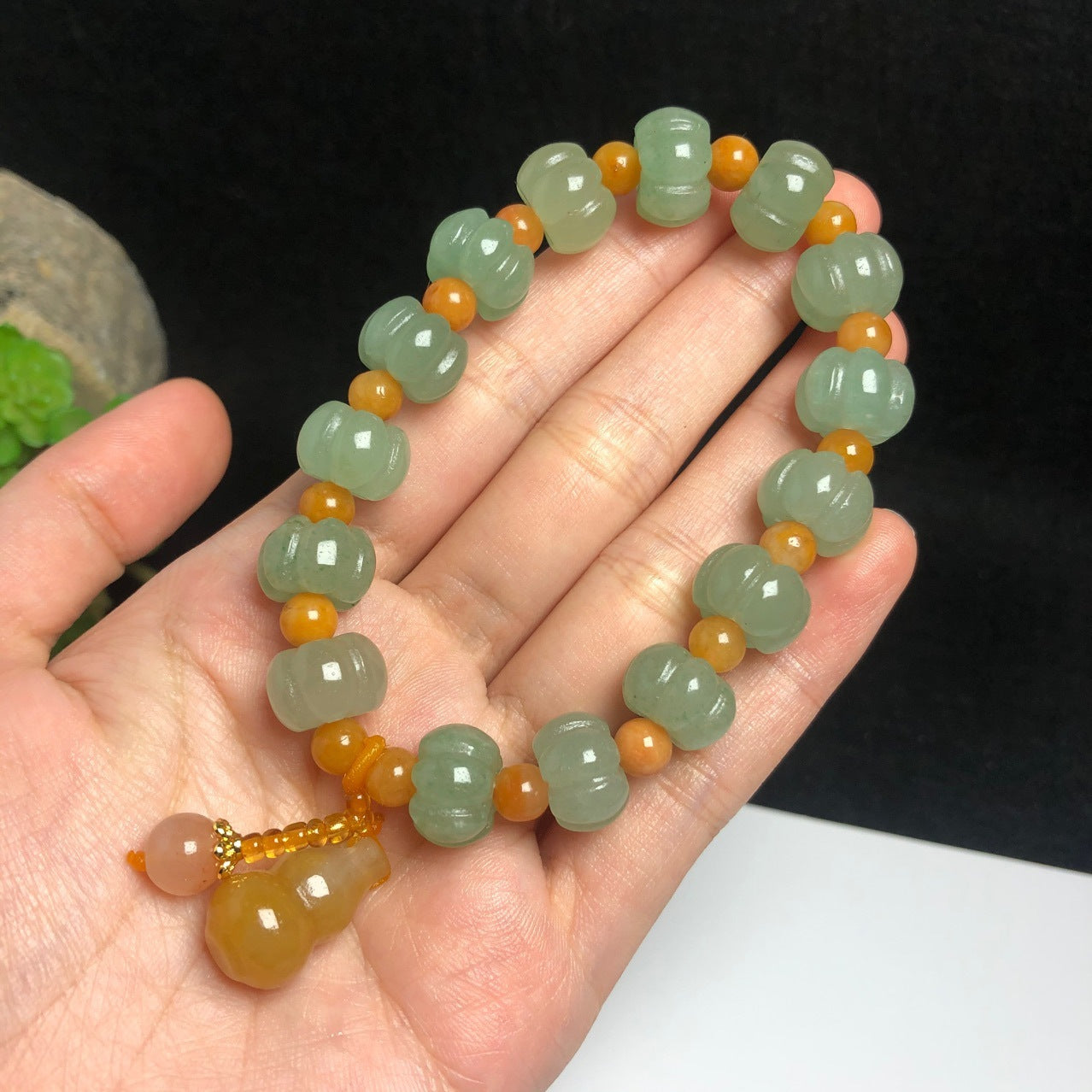 Unique Golden Bead and Green Pumpkin Shaped Jade and Gourd Pendant Bracelet