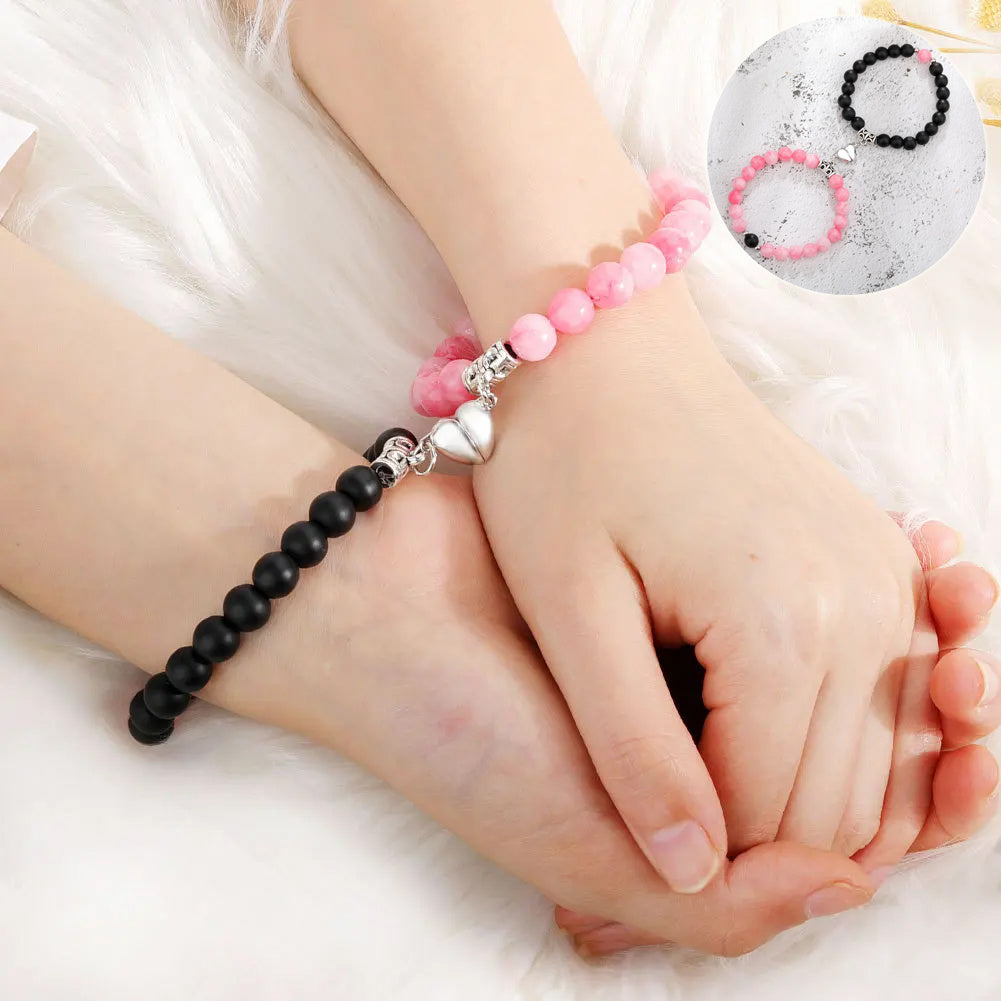 One Pair Natural Stone Couples Bracelets With Magnetic Heart