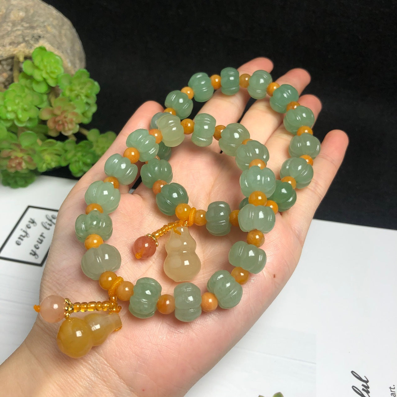 Unique Golden Bead and Green Pumpkin Shaped Jade and Gourd Pendant Bracelet