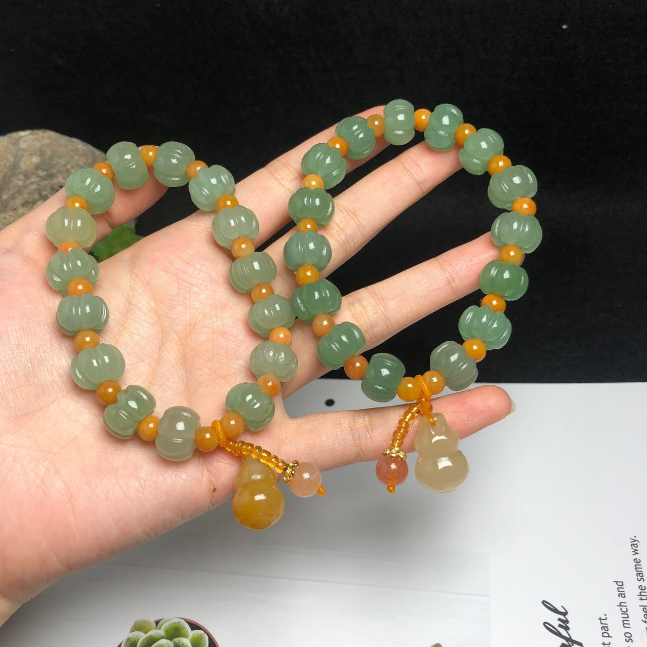 Unique Golden Bead and Green Pumpkin Shaped Jade and Gourd Pendant Bracelet