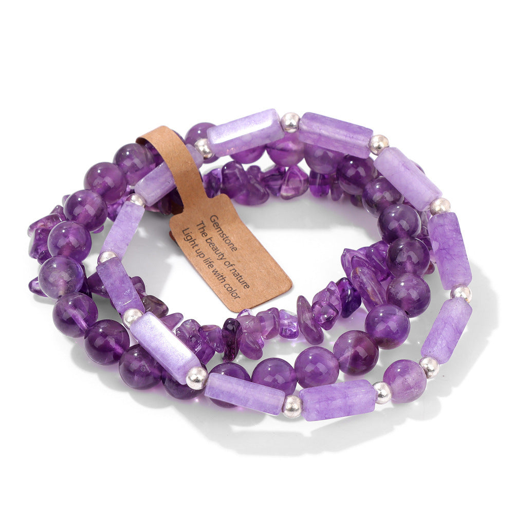 Natural Stone Beads Men's Amethyst Rectangular Label Three-piece Bracelet