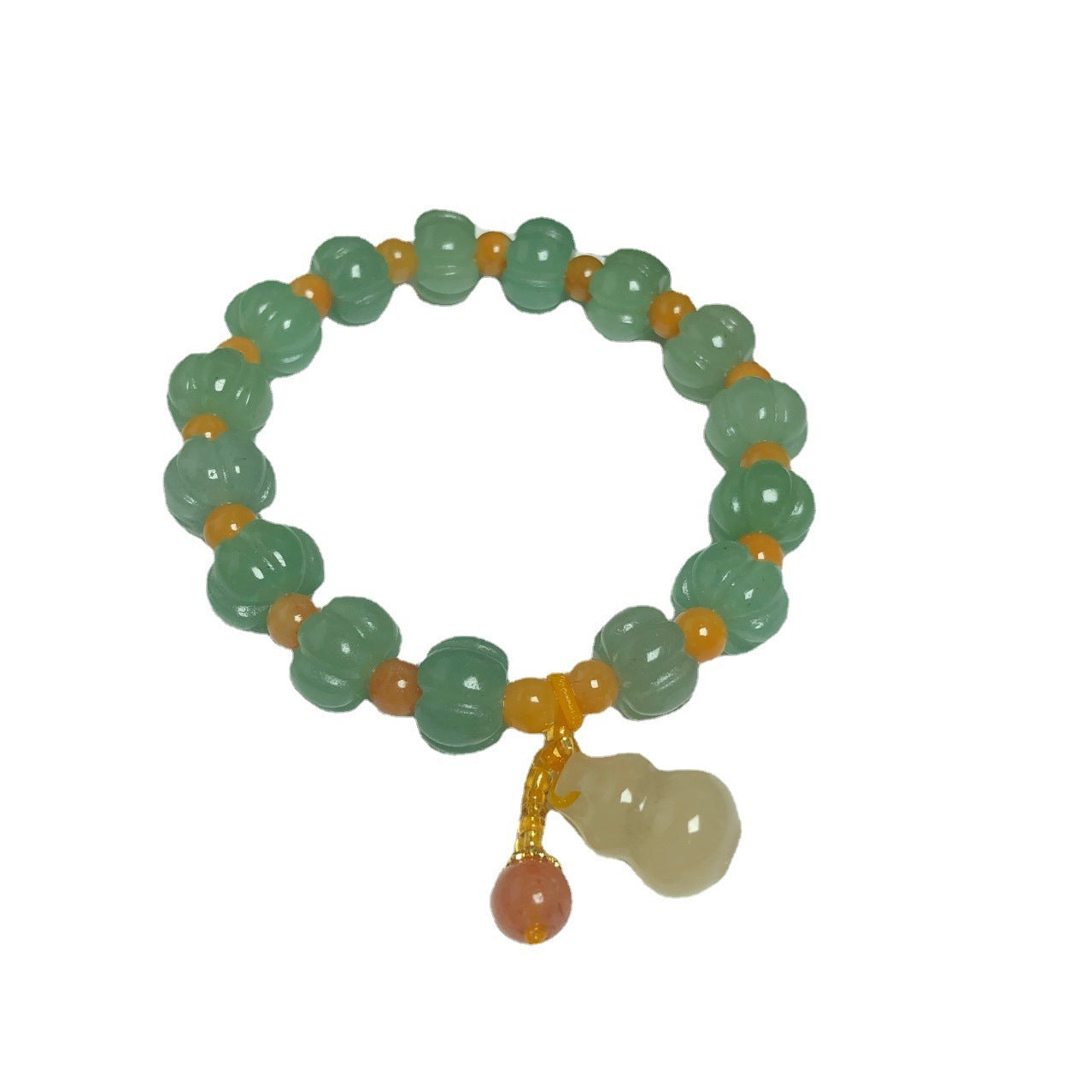 Unique Golden Bead and Green Pumpkin Shaped Jade and Gourd Pendant Bracelet