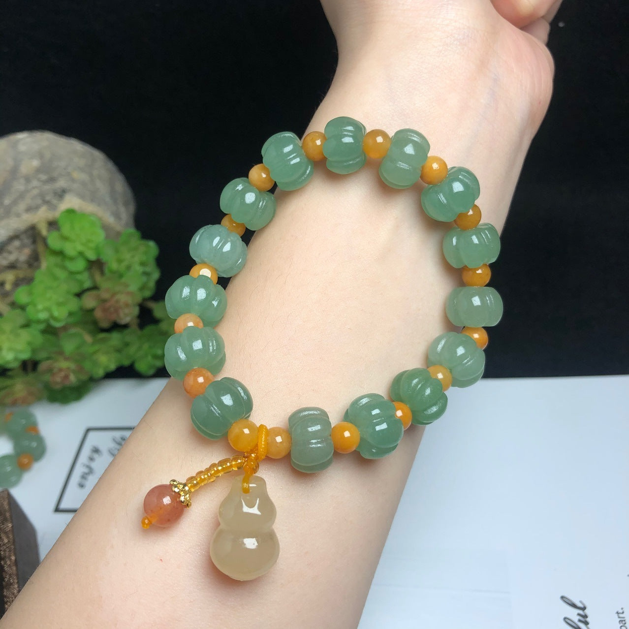 Unique Golden Bead and Green Pumpkin Shaped Jade and Gourd Pendant Bracelet